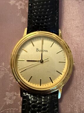 Bulova Gold-Tone Case Watch with Black Leather Strap